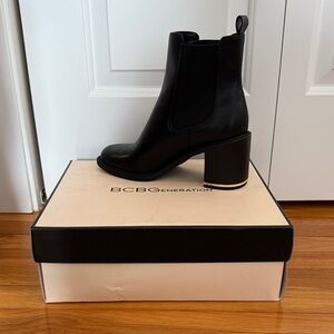BCBGeneration Black Chunky Heel Ankle Boots with Gold Accent- New In Box - 9.5